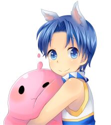 Rule 34 | 1boy, :3, animal ears, blue shirt, cat boy, cat ears, closed mouth, commentary request, curtained hair, highres, looking at viewer, male focus, meiko (nattu303), parted bangs, poring, ragnarok online, shirt, short hair, simple background, sleeveless, sleeveless shirt, slime (creature), smile, solo, super novice (ragnarok online), turtleneck, turtleneck shirt, two-tone shirt, upper body, white background, white shirt