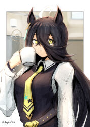 1girl ahoge alternate_breast_size animal_ears artist_name belt black_belt black_hair black_vest breasts closed_mouth collared_shirt crossed_bangs cup ear_tag earrings expressionless hair_between_eyes hand_up highres holding holding_cup horse_ears horse_girl indoors jewelry large_breasts long_bangs long_hair long_hair_between_eyes looking_at_viewer magnoliko manhattan_cafe_(umamusume) mug multicolored_hair necktie shirt single_earring solo steam twitter_username umamusume very_long_hair vest white_hair white_shirt yellow_necktie