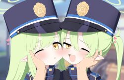 1other 2girls blue_archive blue_hat blue_jacket blush cheek-to-cheek cheek_squash chestnut_mouth commentary_request cropped_jacket demon_tail face_squeeze fang green_hair green_halo hair_between_eyes half-closed_eyes halo hand_on_another&#039;s_cheek hand_on_another&#039;s_face hands_on_another&#039;s_face hat heads_together heart highres hikari_(blue_archive) jacket long_hair long_sidelocks long_sleeves looking_at_viewer military_hat military_uniform multiple_girls nozomi_(blue_archive) one_eye_closed open_mouth peaked_cap pointy_ears pov pov_hands ransusan siblings sidelocks sisters skin_fang smile squeezing_cheeks squishing tail textless_version thick_eyebrows twins twintails v-shaped_eyebrows yellow_eyes
