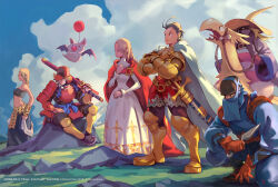 Rule 34 | 2018, 2girls, 3boys, ahoge, animal, antenna hair, armor, balloon, bare shoulders, bat wings, belt, black mage (final fantasy), blue sky, boots, bracelet, braid, cape, character request, chocobo, creature, crossed arms, day, dress, final fantasy, final fantasy tactics, gender request, gloves, gold, grass, hat, helmet, holding, holding weapon, jewelry, knight, kunai, mask, multiple boys, multiple girls, nave&ntilde;, ninja, open mouth, riding, robert kim, rock, samurai, serious, sitting, sky, squatting, sword, weapon, wings, witch hat