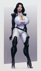 1girl black_hair blue_eyes bodysuit boots breasts cameltoe cleavage devilhs high_heel_boots high_heels highres huge_breasts long_hair mass_effect_(series) mass_effect_1 miranda_lawson nipples skin_tight solo thick_lips thick_thighs thigh_boots thighhighs thighs wide_hips