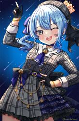 1girl ;d amaimi arm_up artist_name ascot back_bow belt beret black_bow black_gloves blue_ascot blue_belt blue_bow blue_choker blue_hair bow bracelet bright_pupils brooch buttons choker collared_shirt commentary contrapposto crown double-breasted double-parted_bangs dress earrings gloves gold_bracelet grey_dress grey_hat hair_between_eyes hair_bow hand_on_own_hip hat hololive hoshimachi_suisei hoshimachi_suisei_(1st_costume) jewelry long_hair mini_crown night night_sky one_eye_closed open_mouth partially_fingerless_gloves pendant_choker plaid_clothes plaid_dress plaid_hat pleated_dress pointing pointing_up shirt side_ponytail sidelocks single_earring sky smile solo star-shaped_pupils star_(sky) star_(symbol) star_earrings starry_sky symbol-shaped_pupils teeth upper_teeth_only virtual_youtuber waist_bow white_pupils white_shirt
