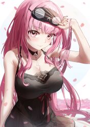 1girl :&lt; absurdres adjusting_clothes adjusting_headwear bare_arms bare_shoulders black_choker black_nightgown blush breasts choker cleavage closed_mouth collarbone commentary fingernails highres hololive hololive_english jaihu lace-trimmed_nightgown large_breasts lips long_hair looking_at_viewer mask mask_on_head mori_calliope mori_calliope_(sleepwear) nail_polish nightgown official_alternate_costume pink_eyes pink_hair pink_nails raised_eyebrows red_ribbon ribbon sitting skull_choker sleep_mask smile solo virtual_youtuber white_background