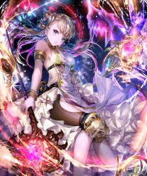1girl bare_shoulders blonde_hair blue_eyes blue_ribbon bracelet braid breasts closed_mouth commentary_request company_name dress dual_wielding feet_out_of_frame from_below gold_bracelet hair_ribbon halter_dress halterneck head_tilt highres holding holding_staff irua jewelry large_breasts looking_at_viewer magic official_art pouch ribbon riley_(shadowverse) shadowverse shingeki_no_bahamut side_slit sideboob sleeveless staff standing white_dress