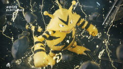 Rule 34 | 3d, antennae, artist name, black fur, celebi350300687, character name, cinema 4d (medium), debris, electabuzz, electricity, fangs, full body, gen 1 pokemon, grate, highres, nintendo, open mouth, pokedex number, pokemon, pokemon (creature), pokemon focus, solo, standing, v-shaped eyes, yellow fur