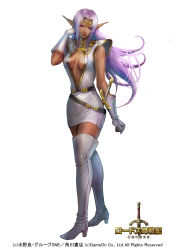 1girl boots breasts circlet cleavage company_name dark-skinned_female dark_elf dark_skin elbow_gloves elf fantasy female_focus full_body gloves high_heel_boots high_heels highres long_hair looking_at_viewer medium_breasts pirotess pointy_ears purple_eyes purple_hair record_of_lodoss_war solo standing thigh_boots thighhighs usuda_hiro very_long_hair watermark white_background white_boots white_gloves