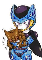 1boy black_skin black_wings blue_skin cell_(dragon_ball) cell_junior child closed_mouth colored_skin cowboy_shot dragon_ball dragonball_z hands_up highres holding larva looking_down male_focus obata2nd pink_eyes purple_skin spots translation_request upper_body wings yellow_skin