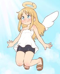 1other bare_shoulders beachepisode bike_shorts blonde_hair blue_eyes blush brown_sandals closed_mouth collarbone crimvael highres ishuzoku_reviewers long_hair sandals smile