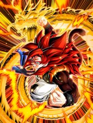 Rule 34 | 1boy, aura, blue eyes, brown fur, dokkan battle, dragon ball, dragon ball gt, dragon fist, dragon fist (dragon ball), gogeta, looking at viewer, muscular, muscular male, official art, red hair, serious, solo, super saiyan, super saiyan 4, tail