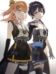 Rule 34 | 2girls, absurdres, black hair, black jacket, black skirt, black thighhighs, blue eyes, braid, collared shirt, commentary, cowboy shot, dkou, double bun, fingerless gloves, gloves, green eyes, hair bun, hair ornament, hashtag-only commentary, highres, hinoshita kaho, i do me! (love live!), jacket, light particles, link! like! love live!, long hair, love live!, miniskirt, multiple girls, multiple thigh straps, murano sayaka, official alternate costume, open clothes, open jacket, orange hair, parted lips, pleated skirt, shirt, simple background, single braid, single thighhigh, skirt, sleeveless, sleeveless jacket, sleeveless shirt, thighhighs, virtual youtuber, white background, white shirt, x hair ornament