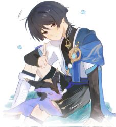 1boy anemo_symbol_(genshin_impact) arm_at_side arm_on_knee arm_support belt black_belt black_bodysuit black_bridal_gauntlets black_hair black_leggings black_shorts blue_cape blue_flower blue_gemstone blue_kimono blue_sleeves blunt_ends bodysuit bridal_gauntlets cape dragon expressionless feathers fingernails flower foreshortening gem genshin_impact gold grass hakama hakama_shorts head_tilt highres index_finger_raised japanese_clothes juban kimono knee_up koyaaya layered_sleeves leg_warmers leggings male_focus mandarin_collar mini_durin_(genshin_impact) open_clothes open_kimono pleated_shorts pom_pom_(clothes) purple_eyes purple_sash sash scaramouche_(genshin_impact) short_sleeves shorts sitting small_dragon twitter_username vision_(genshin_impact) wanderer_(genshin_impact) white_background white_kimono white_leg_warmers white_sleeves white_trim wispy_bangs yellow_feathers