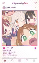 1boy 4girls :d ;p ahoge black_hair blush brand_name_imitation brown_eyes brown_hair chromatic_aberration colored_inner_hair commentary diamond-shaped_pupils diamond_(shape) fang green_eyes hair_intakes highres himitu_sensei hozuki_momiji instagram long_hair looking_at_viewer multicolored_hair multiple_girls murosaki_miyo nose_blush oka_asahi one_eye_closed onii-chan_wa_oshimai! open_mouth orange_hair oyama_mahiro pink_hair sakurada_yuuta school_uniform selfie skin_fang smile sparkling_eyes sweatdrop symbol-shaped_pupils tongue tongue_out translated two-tone_hair two_side_up uvula v wavy_mouth