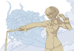 2girls baiola breasts character_request devil_summoner_(game) devil_summoner_(series) formal_clothes greyscale holding holding_nunchaku holding_weapon horns jewelry lips monochrome multiple_girls navel necklace nunchaku rei_reiho short_hair smile suit sunglasses weapon