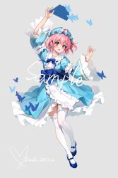1girl absurdres arm_up baozishark blue_bow blue_bowtie blue_dress blue_hat blue_sash blue_shoes blush bow bowtie bug butterfly center_frills collared_dress crossed_bangs dated dress frilled_shirt_collar frilled_sleeves frilled_thighhighs frills full_body grey_background hand_up hat highres insect long_sleeves mob_cap obi open_mouth pink_hair red_eyes saigyouji_yuyuko sample_watermark sash shoes short_hair smile solo thighhighs touhou watermark white_thighhighs