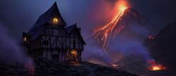Rule 34 | fantasy, fog, highres, house, landscape, lava, medieval, mountain, night, no humans, original, painterly, piotrdura, rock, scenery, smoke, volcano, wooden door