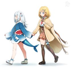 2girls absurdres animal_costume animal_hood black_shorts black_thighhighs blonde_hair blue_eyes blue_hair blue_hoodie blunt_bangs bob_cut brown_coat brown_shoes brown_skirt closed_eyes closed_mouth coat collared_shirt commentary fins fish_tail full_body gawr_gura gawr_gura_(1st_costume) grey_hair hair_ornament high-waist_skirt highres holding_hands hololive hololive_english hood hoodie loafers long_hair long_sleeves magnifying_glass medium_hair miniskirt multicolored_hair multiple_girls necktie open_mouth plaid_clothes plaid_skirt pleated_skirt pocket_watch red_necktie shark_costume shark_hood shark_tail shirt shirt_tucked_in shoes short_necktie shorts skirt sleeves_past_wrists smile streaked_hair syringe_holster tail tail_under_clothes tenchi_mayo thigh_strap thighhighs two_side_up virtual_youtuber watch watson_amelia watson_amelia_(1st_costume) white_shirt white_sneakers wide_sleeves