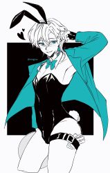 1boy animal_ears aqua_bow aqua_bowtie aqua_eyes aqua_jacket aventurine_(honkai:_star_rail) blush bow bowtie bulge detached_collar earrings fake_animal_ears fake_tail fingerless_gloves gloves hairband highres holding honkai:_star_rail honkai_(series) jacket jewelry leotard long_sleeves male_focus male_playboy_bunny money pectoral_cleavage pectorals rabbit_ears rabbit_tail retujyooo simple_background solo spot_color strapless strapless_leotard suit_jacket tail thigh_strap tucked_money