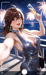 1girl aerial_fireworks ahoge alcohol artist_name ayase_momo bag bare_arms bare_shoulders blue_dress blush breasts brown_eyes brown_hair champagne champagne_flute cowboy_shot crossed_bangs cup dandadan dress drinking_glass earrings evening_gown fingernails fireworks hair_between_eyes highres holding holding_cup jewelry large_breasts long_fingernails long_hair looking_at_viewer nail_polish night ocean open_mouth outdoors outstretched_arm pink_nails railing robusta_mania shoulder_bag sleeveless sleeveless_dress smile solo standing star_(sky) teeth tongue upper_body upper_teeth_only viewfinder water