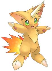 Rule 34 | choko (sweetpocket), claws, commentary, creature, creature focus, fang, fire, flame-tipped tail, full body, green eyes, happy, horns, light blush, looking up, no humans, open mouth, orange fur, original, simple background, single horn, smile, solo, tail, white background