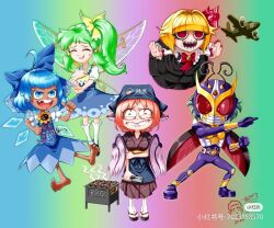 5girls ahoge aircraft airplane antennae barefoot black_skirt black_vest blonde_hair blue_bow blue_dress blue_headscarf blunt_bangs bodysuit bow bowtie brown_kimono cirno clenched_teeth closed_eyes collared_shirt commentary_request daiyousei dress fairy_wings flower full_body green_hair grill hair_bow hair_intakes headscarf high_side_ponytail holding holding_tongs hyt japanese_clothes kamen_rider kimono looking_at_viewer multiple_girls mystia_lorelei okamisty open_mouth pinafore_dress pink_hair purple_bodysuit rainbow_background red_bow red_bowtie red_eyes rumia sharp_teeth shirt short_hair skirt skirt_set sleeveless sleeveless_dress smile sunflower tanned_cirno team_9_(touhou) teeth the_amazing_digital_circus tongs touhou touhou_mystia&#039;s_izakaya vest white_shirt wings wriggle_nightbug yellow_bow