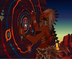 1boy bodypaint braid brown_eyes brown_hair canyon commentary_request dark-skinned_male dark_skin dreamcatcher edarow fangs finger_painting fingernails hands_up headdress hip_vent long_hair looking_to_the_side male_focus native_american native_american_headdress orbital_path original outdoors paint_on_hands painting_(action) sharp_fingernails single_braid sky solo standing star_(sky) starry_sky sunrise topless_male upper_body very_long_hair