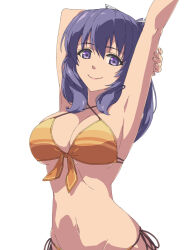 Rule 34 | 1girl, armpit crease, armpits, bikini, breasts, chiharu (9654784), cleavage, dress, eiyuu densetsu, front-tie bikini top, front-tie top, hair between eyes, highres, kai no kiseki, kuro no kiseki (series), large breasts, long hair, looking at viewer, navel, purple eyes, purple hair, rixia mao, sidelocks, simple background, smile, solo, stretching, swimsuit, upper body, white background