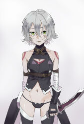 Rule 34 | 13 (pixiv 84747634), 1girl, arm belt, bandaged arm, bandages, bare shoulders, belt, belt buckle, black boots, black gloves, black panties, black shirt, boots, breasts, brown belt, buckle, crop top, dagger, facial scar, fate/grand order, fate (series), fingerless gloves, gloves, green eyes, grey hair, highres, holding, holding dagger, holding knife, holding weapon, jack the ripper (fate/apocrypha), knife, looking at viewer, maria the ripper, navel, panties, scar, scar across eye, scar on cheek, scar on face, shirt, short hair, shoulder tattoo, single fingerless glove, single glove, sleeveless, sleeveless shirt, small breasts, solo, stomach, tattoo, thighhighs, underwear, weapon