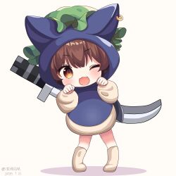 Rule 34 | 1girl, ;3, ;d, absurdres, animal ear piercing, animal ears, blush, boots, brown eyes, brown hair, cat ears, chen, chibi, commentary request, dated, earrings, fang, frills, full body, hair between eyes, hands up, hat, highres, jewelry, leaning to the side, liefeng dm, long sleeves, looking at viewer, mob cap, monster hunter (series), one eye closed, open mouth, paw pose, pigeon-toed, player palico, puffy long sleeves, puffy sleeves, ringed eyes, shadow, short hair, simple background, single earring, skin fang, smile, solo, sword, sword on back, touhou, weapon, weapon on back, white background, wild felyne
