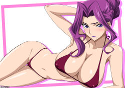 Rule 34 | 1girl, arm behind head, bikini, braid, breasts, cleavage, code geass, commentary request, cornelia li britannia, covered erect nipples, crown braid, drop shadow, gluteal fold, halterneck, highleg, highleg bikini, highres, large breasts, light blush, lipstick, looking at viewer, lying, makeup, medium hair, micro bikini, moeshino, navel, on side, parted bangs, purple eyes, purple hair, purple lips, red bikini, simple background, solo, swimsuit, twitter username