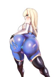 1girl absurdres anal anal_object_insertion ass ass_focus black_boots blonde_hair bloom blue_eyes blue_gemstone bodysuit boots breasts brown_dust_(series) brown_dust_2 cameltoe closed_mouth cropped_jacket deep_skin deliriumz elbow_gloves from_behind gem gloves grabbing_own_ass highres huge_ass jacket large_breasts long_hair looking_at_viewer looking_back object_insertion pussy_juice shadow simple_background skin_tight solo thigh_boots white_background white_gloves white_jacket wilhelmina_(brown_dust)