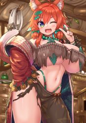 1girl :d alternate_breast_size animal_ear_fluff animal_ears bandeau bikini breasts brown_bandeau brown_pants cat_tail chiroshiron commission fang green_eyes hand_on_own_hip highleg highleg_bikini highres huge_breasts indoors jacket leaf_bikini mozumi_pichi one_eye_closed open_mouth pants red_hair red_jacket skeb_commission smile solo swimsuit tail torn_clothes torn_pants v v-dere
