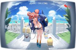 1girl absurdres artist_request azur_lane bicycle bikini bird blinking blue_eyes blue_jacket blue_shoes blue_shorts blue_sky blush box breasts cardboard_box chain closed_eyes closed_mouth cloud collarbone day double_bun fisheye gallant_(azur_lane) gallant_(express-ive_delivery)_(azur_lane) hair_bun hair_ribbon hanging_breasts highres holding_id_card horizon insulated_delivery_bag jacket large_breasts logo long_sleeves looking_at_viewer manjuu_(azur_lane) non-web_source ocean official_alternate_costume official_art open_clothes open_jacket open_mouth orange_socks pink_hair recording ribbon shoes short_shorts shorts sky smile sneakers socks standing sweat swimsuit viewfinder visor_cap water