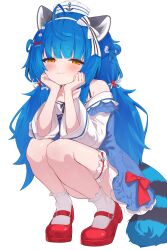 1girl :3 ahoge animal_ears bare_shoulders bitseon black_tail blue_dress blue_hair blue_tail blunt_bangs blush bow closed_mouth collarbone dress flower frilled_socks frilled_thigh_strap frills full_body hair_bow hair_flower hair_ornament hairband half-closed_eyes hands_up hat head_on_hands head_rest idol_corp layered_dress long_hair long_sleeves looking_at_viewer low_twintails mary_janes poko_rakun red_bow red_shoes sailor_hat shoes short_eyebrows sidelocks simple_background sitting smile socks solo squatting striped_bow striped_tail tail thigh_strap twintails two-tone_tail two_side_up v-shaped_eyebrows very_long_hair virtual_youtuber white_background white_bow white_hairband white_hat white_sleeves white_socks yellow_eyes