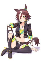 1girl :d absurdres animal_ears belt black_boots black_jacket black_shorts boots brown_hair crop_top full_body grin hair_over_one_eye high_heel_boots high_heels highres horse_ears horse_girl horse_tail jacket long_hair long_sleeves looking_at_viewer midriff navel on_floor open_mouth ponytail rokochandayo shirt shorts simple_background sitting smile solo stopwatch stopwatch_around_neck tail teeth thigh_boots umamusume vodka_(umamusume) watch white_background yellow_eyes yellow_shirt