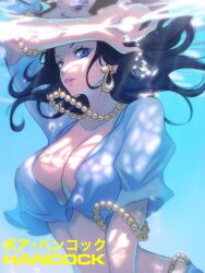 1girl absurdres black_hair blue_eyes boa_hancock breasts cleavage earrings highres jewelry large_breasts long_hair looking_at_viewer necklace one_piece opalis snake_earrings solo underwater
