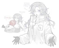 2girls :t aotsuki_eito between_breasts black_gloves breasts closed_eyes commentary english_commentary english_text genderswap genderswap_(mtf) glasses gloves grey_hair hair_between_eyes hair_over_one_eye head_between_breasts highres hood hood_down jacket long_hair long_sleeves multiple_girls pale_skin ponytail red_hair shaded_face short_ponytail simple_background sketch sumino_takumi sweat the_hundred_line_-last_defense_academy- upper_body white_background white_gloves white_jacket xin_ci yuri