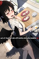 1girl :d absurdres apron artist_name bird_wings black_hair black_skirt black_wings blush cloudykeyz commentary egg english_commentary english_text fried_egg frying_pan furrowed_brow hand_up hat highres holding holding_spatula indoors laughing looking_at_viewer low_wings open_mouth oven paid_reward_available pointy_ears red_eyes red_hat shameimaru_aya shirt short_hair short_sleeves skirt smile solo spatula stove suspicious_egg_dish thighs tokin_hat touhou white_shirt wings