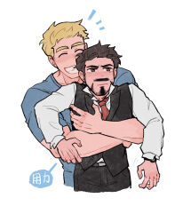2boys avengers_(series) belt black_belt black_hair black_pants black_vest blonde_hair blue_shirt blush brown_eyes closed_eyes closed_mouth collared_shirt facial_hair fingernails hug hug_from_behind long_sleeves male_focus marvel marvel_cinematic_universe multiple_boys muscular muscular_male necktie notice_lines pants red_necktie shirt short_hair short_sleeves simple_background smile steve_rogers t-shirt teeth tony_stark upper_body vest watch weibo_7899261198 white_background white_shirt wristwatch yaoi