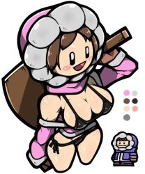 1boy 1girl :d arm_at_side arm_up bikini black_bikini black_eyes blush_stickers breasts brown_hair brown_mittens cleavage color_guide fur-trimmed_hood fur-trimmed_jacket fur-trimmed_sleeves fur_trim hammer holding holding_hammer hood hood_up ice_climber jacket long_sleeves medium_breasts mittens name_omoitukan2 nana_(ice_climber) nintendo open_mouth partially_open_jacket pink_jacket popo_(ice_climber) shiny_skin short_hair side-tie_bikini_bottom simple_background single_bare_shoulder single_off_shoulder smile swimsuit thick_lineart white_background