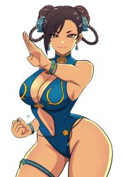 Rule 34 | 1girl, alternate costume, artist logo, blue nails, blue one-piece swimsuit, bracelet, breasts, capcom, chun-li, curvy, double bun, earrings, fighting stance, flower, foreshortening, gluteal fold, hair bun, hair flower, hair ornament, hair rings, highleg, highleg one-piece swimsuit, highres, ihsnet, jewelry, large breasts, logo, looking at viewer, official alternate costume, official alternate hairstyle, one-piece swimsuit, simple background, smile, solo, street fighter, street fighter 6, swimsuit, thighlet, wide hips