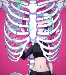 1girl agent_8_(splatoon) blue_eyes closed_mouth crop_top highres long_hair navel nintendo octoling oka_kabe pink_background red_hair simple_background skeleton smile solo splatoon_(series) splatoon_2 splatoon_2:_octo_expansion standing tentacle_hair