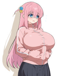 1girl black_skirt blue_eyes blush bocchi_the_rock! breasts commentary cube_hair_ornament fanged_bangs flying_sweatdrops gotoh_hitori hair_between_eyes hair_ornament hands_in_pockets highres huge_breasts implied_erection implied_futanari jacket long_hair long_sleeves one_side_up open_mouth pink_hair pink_jacket shaded_face shirogane_hakuba simple_background skirt solo track_jacket white_background