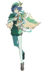 1boy aqua_eyes aqua_hair beret black_hair braid brown_corset brown_shoes cape capelet corset flower full_body genshin_impact gradient_hair green_cape green_capelet green_hat green_shorts hair_flower hair_ornament hat highres holding holding_instrument holding_lyre instrument lyre m64tf multicolored_hair pantyhose shirt shoes short_hair shorts simple_background twin_braids two-tone_hair venti_(genshin_impact) white_background white_flower white_pantyhose white_shirt