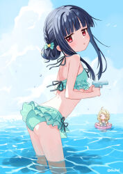 2girls ahoge aqua_bikini ass bikini bikini_skirt black_hair blonde_hair blunt_bangs blush cat_hair_ornament closed_eyes cloud commentary_request day eluthel frilled_bikini frills from_side hair_ornament hands_up highres holding holding_toy holding_water_gun idolmaster idolmaster_cinderella_girls long_hair looking_at_viewer looking_to_the_side low_twintails multiple_girls no_mouth ocean one-piece_swimsuit outdoors parted_lips red_eyes sajo_yukimi sky solo_focus standing swim_ring swimsuit toy twintails water water_gun white_one-piece_swimsuit yusa_kozue