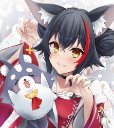 1girl absurdres animal_ear_fluff animal_ears black_choker black_hair blush blush_stickers brooch character_background chibi choker claw_pose closed_eyes closed_mouth collarbone commentary_request double_bun facial_mark hair_between_eyes hair_bun highres hololive jewelry long_sidelocks long_sleeves looking_at_viewer miofa_(ookami_mio) multicolored_hair neckerchief official_alternate_costume official_alternate_hairstyle ookami_mio ookami_mio_(another_ookami_mio) sidelocks streaked_hair tf_(tfx2) upper_body virtual_youtuber whisker_markings white_neckerchief wolf_ears wolf_girl yellow_eyes