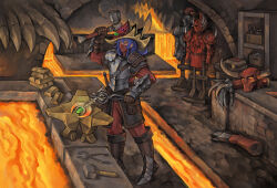 Rule 34 | 1girl, anvil, armor, armored boots, armpitcore420, blacksmith, blacksmith tongs, blue hair, boots, brick, chainmail, commentary, commission, crate, dagger, dang (runescape), duellist&#039;s cap (tier 6), english commentary, fake horns, fire, forge, full body, gloves, glowing hat, glowing hot, hammer, hat, helmet, highres, holding, holding tongs, horned helmet, horns, key, knife, lava, long hair, mask, mouth mask, old school runescape, orange eyes, original, pink fire, plate armor, runescape, second-party source, shelf, smithing, solo, spiked armor, spiked ear piercing, spiked gauntlets, standing, thick eyebrows, tongs, tools, weapon, yellow eyes