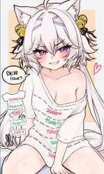 animal_ears bell between_legs breasts cat_ears cleavage filian_(vtuber) hair_bell hair_ornament hand_between_legs indie_virtual_youtuber large_breasts moshiedraws oversized_clothes oversized_shirt purple_eyes shirt single_bare_shoulder twintails twitter_cutting_game twitter_strip_game virtual_youtuber white_hair white_shirt