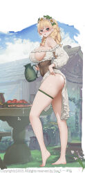 1girl absurdres bare_shoulders barefoot blonde_hair blue_eyes blush braid breasts clothes_lift dress dress_lift flower flower_ornament from_side grass hair_flower hair_ornament hair_over_shoulder highres holding holding_pitcher jug_(bottle) large_breasts long_hair long_sleeves looking_at_viewer low_neckline on_grass open_mouth original pitcher_(container) plant sideboob skirt skirt_lift smile solo suerte table thigh_strap thighs underbust vines white_dress