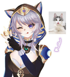 1girl ;) absurdres animal_ear_fluff animal_ears animal_hood black_gloves breasts cat cat_ears cat_girl cat_hood cipher_(honkai:_star_rail) cleavage coin commentary_request fingerless_gloves gloves gold_coin grey_hair highres holding holding_coin honkai:_star_rail honkai_(series) hood large_breasts licking_lips looking_at_viewer mole mole_on_breast oekakidekinai1 one_eye_closed reference_inset simple_background smile solo tongue tongue_out upper_body white_background