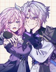 1boy 1girl 2875_ple ahoge blue_eyes coat commission couple cyrene_(honkai:_star_rail) dress grid_background hair_ornament hand_on_another&#039;s_cheek hand_on_another&#039;s_face hashtag-only_commentary hetero highres honkai:_star_rail honkai_(series) looking_at_viewer open_mouth phainon_(honkai:_star_rail) pink_hair purple_coat short_hair smile white_coat white_dress white_hair